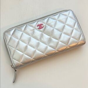 CHANEL Metallic Silver Quilted Wallet pink interior